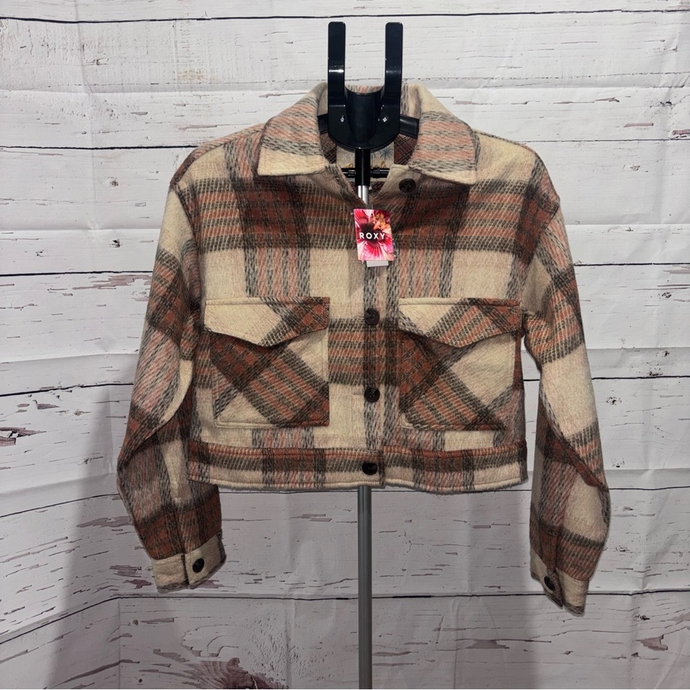 Roxy Red and Brown Plaid Cropped Shacket NWT